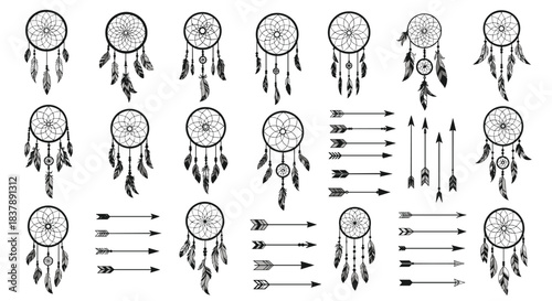 Set of hand-drawn dreamcatchers and tribal arrows in a sketchy bohemian style for spiritual and decorative design projects.