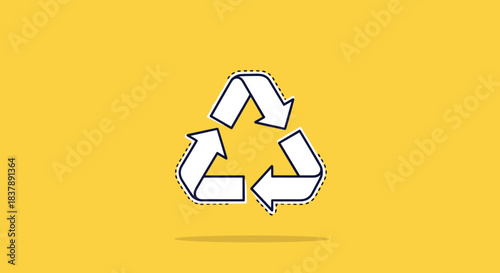 Simple recycling symbol with a stitched dashed outline representing environmental conservation and sustainability on a yellow background.