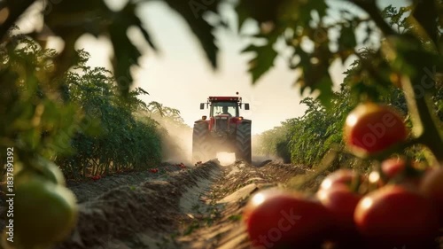 A tractor drives down a dirt row between tomato plants, with ripe red tomatoes in the foreground.