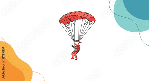 Illustration of a skydiver with an open red parachute descending through the air against a minimalist abstract background.
