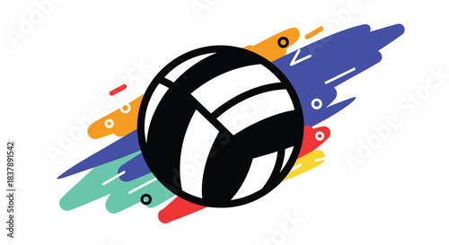 Dynamic illustration of a volleyball set against a backdrop of vibrant and abstract colorful paint brush strokes.