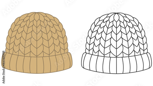 Knitted beanie hat coloring page winter headwear fashion design