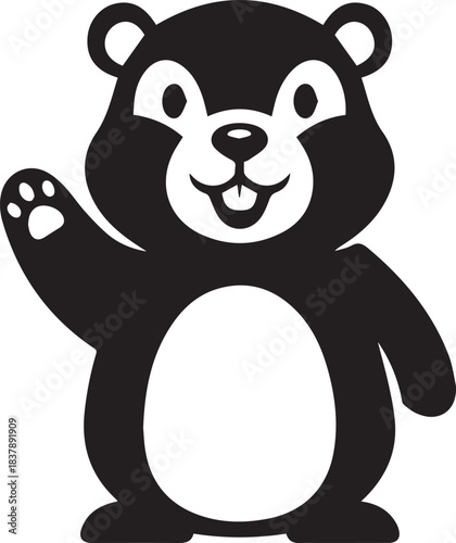 Cute cartoon black bear waving hello with a friendly smile