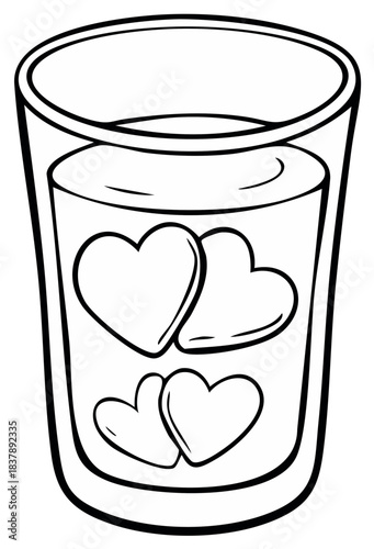Glass of water with heart shaped ice cubes illustration