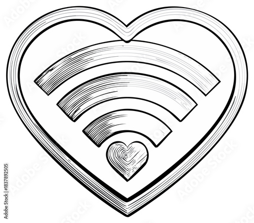 Heart shaped wi fi symbol illustration with radiating signals and a small heart