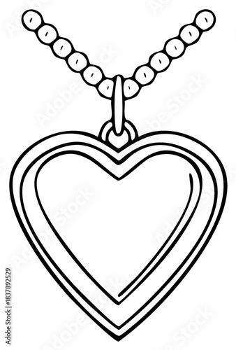 Simple outline drawing of a heart locket pendant on a beaded chain fashion accessory