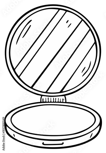 Black and White Line Art Illustration of an Open Compact Mirror for Beauty and Cosmetic Needs