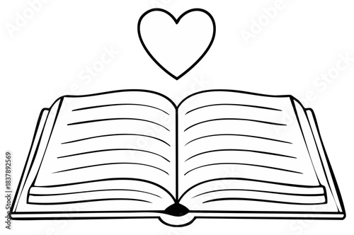 Open Book with Heart Icon Above in Black and White Outlined Illustration