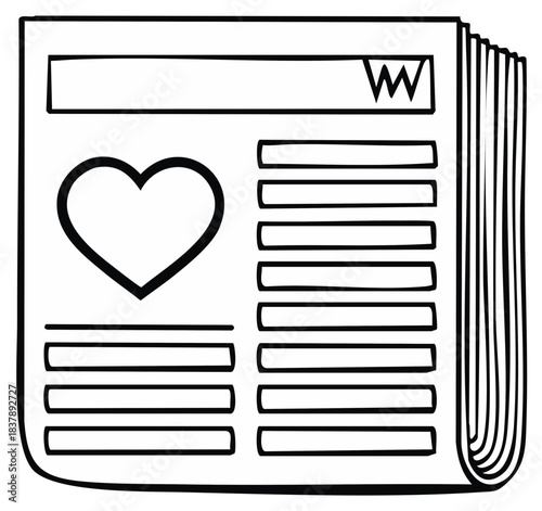Newspaper with a heart icon simple line drawing for good news concept