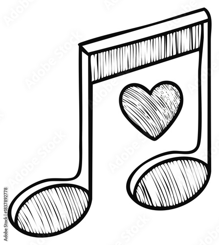 Hand drawn musical note with a heart symbol sketch for love of music concept