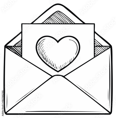 Hand-drawn heart inside an open envelope, symbolizing love and communication.