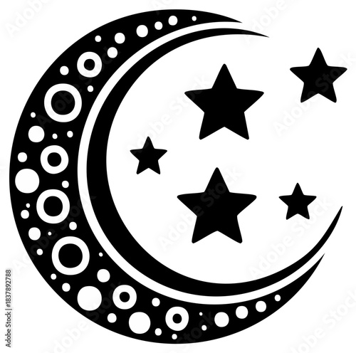 Crescent moon with decorative border and scattered stars in black and white