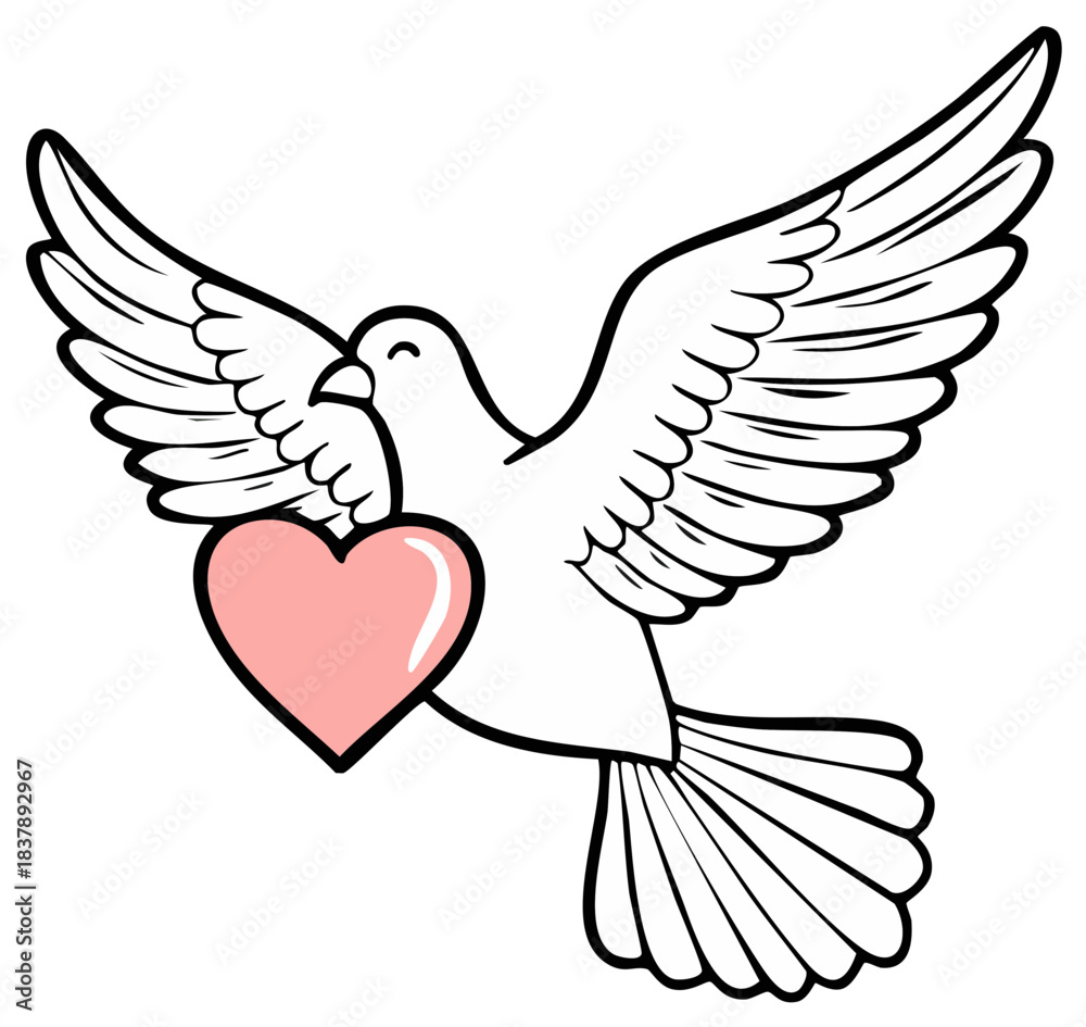 Fototapeta premium Dove bird carrying pink heart for Valentine's day or wedding illustration of peace and love emblem symbol.