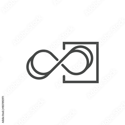 Abstract infinity loop symbol contained within a square geometric line art icon design element.