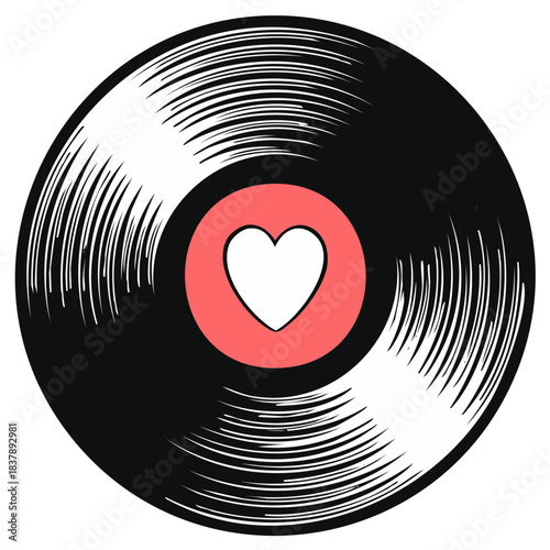 Black Vinyl Record with Pink Heart Label Illustration for Music and Love