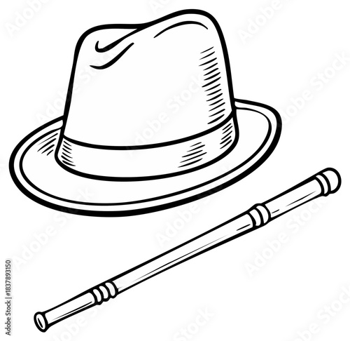Retro Gangster Hat and Walking Stick Line Art Black and White