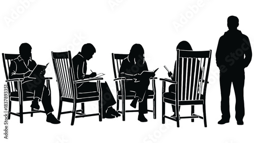 Silhouettes reading group study session in chairs illustration