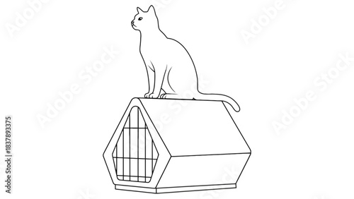 Cat sitting on top of pet carrier line art vector drawing
