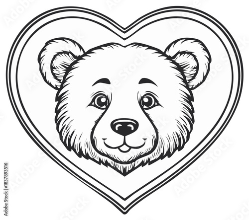 Cute bear cub head in a heart frame, black and white vector illustration for coloring page