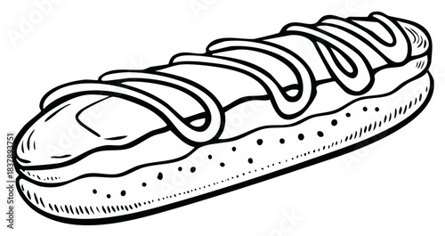 Black and white illustration of a cream-filled eclair pastry