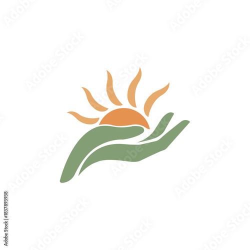 Stylized hand holding a rising sun symbol for nature, care, energy, growth, and hope logo
