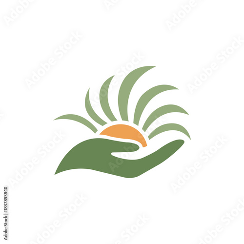 Hand holding sun and leaf rays, symbolizing nature care, growth, and environmental protection.