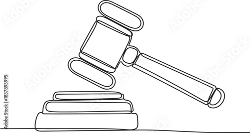 Continuous line drawing of a judge's gavel and striking block.