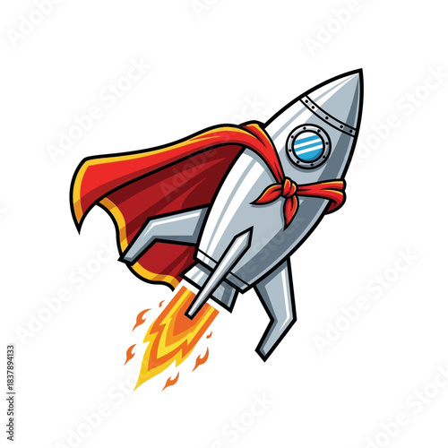 Cartoon superhero rocket blasting off with a flowing red cape and powerful exhaust flames illustration