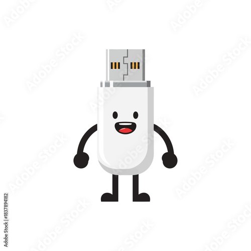 Cute cartoon white usb flash drive character with happy expression and simple black limbs standing