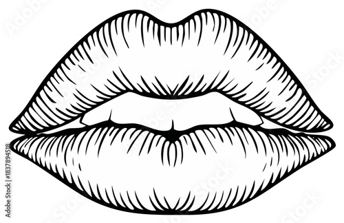 Black and white hand-drawn illustration of open lips with teeth