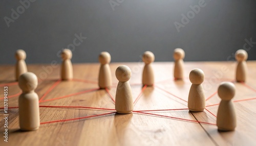 Wooden figurines connected by red strings form a network on a flat surface, symbolizing social systems, communication, and organizational relationships through a visual metaphor of interconnected node