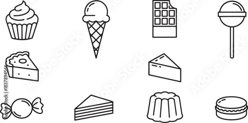 Collection of nine black and white dessert icons including cupcake ice cream cone chocolate bar lollipop