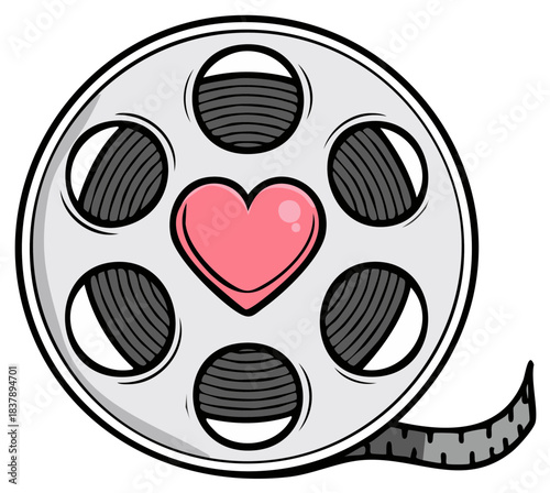 Vintage film reel with pink heart center and trailing film strip, representing cinematic love stories