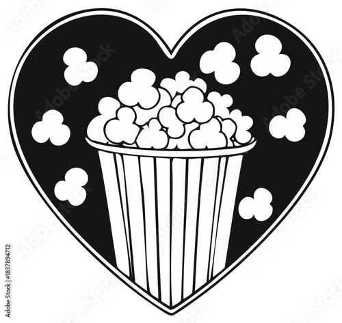 Heart shape with overflowing popcorn bucket and scattered kernels inside, vector illustration