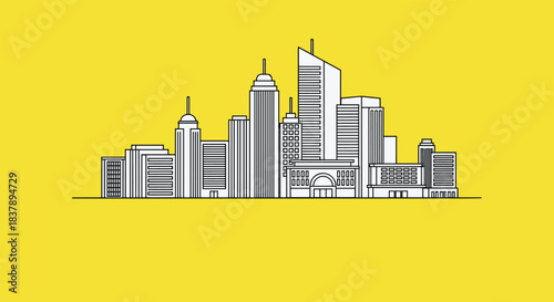 Simple line art illustration of a modern city skyline with skyscrapers and urban buildings set against a bright solid yellow background.