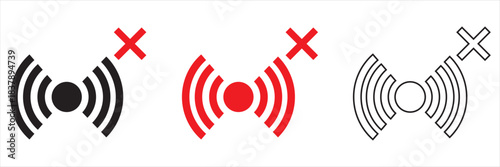 Wireless alert signal icons in red and black. Wireless notification icons featuring exclamation marks and signal waves, ideal for illustrating warnings, alerts, connectivity issues. 
