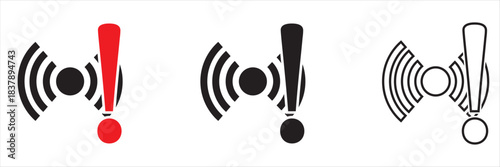 Wireless alert signal icons in red and black. Wireless notification icons featuring exclamation marks and signal waves, ideal for illustrating warnings, alerts, connectivity issues. 
