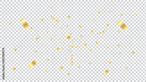 Golden confetti explosion isolated on white background, festive glitter particles falling, celebration and party abstract design element