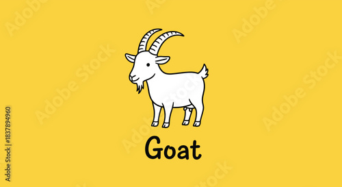A charming and simple cartoon illustration of a cute white goat standing on a solid bright yellow background with the word Goat written below.