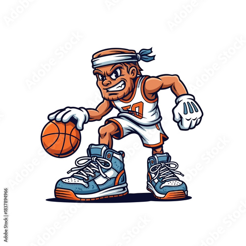Cartoon basketball player mascot dribbling intensely wearing retro hightop sneakers and a headband