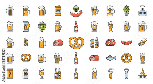 A comprehensive set of beer and pub food icons in a colorful outline style including various beer mugs pretzels sausages and hops for menus.