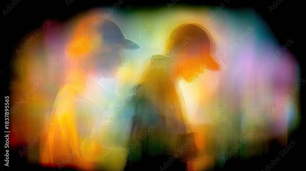 Fototapeta premium Multiple ethereal figures blend with vibrant colored light streaks against a dark background