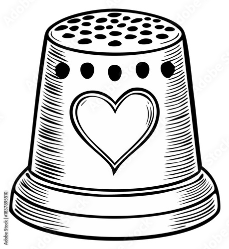 Vintage thimble with heart design black and white line art illustration