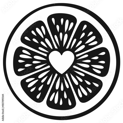 Stylized citrus fruit slice with a heart at its center in a black and white graphic design