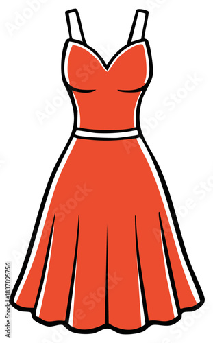 Classic red sleeveless dress with a sweetheart neckline and flared skirt. Retro fashion vector illustration.