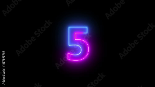 5 number neon bright glowing animation on black background 4k video.