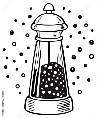 Black and white illustration of a pepper mill dispensing peppercorns