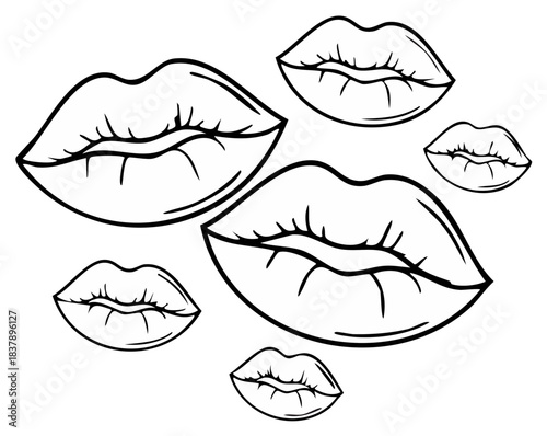 Stylish Black and White Line Art Illustration Featuring Multiple Pop Art Lips Design Elements