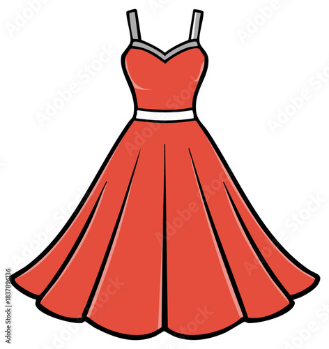 Classic Red Women's Dress with Spaghetti Straps and Flared Skirt Illustration