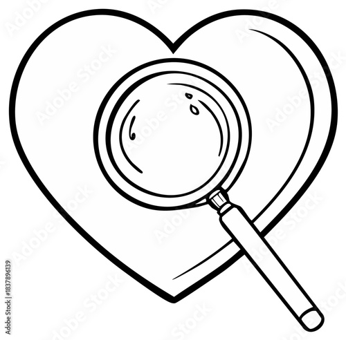 Magnifying glass examining a heart line art representing love, truth, self-discovery, or emotional investigation.